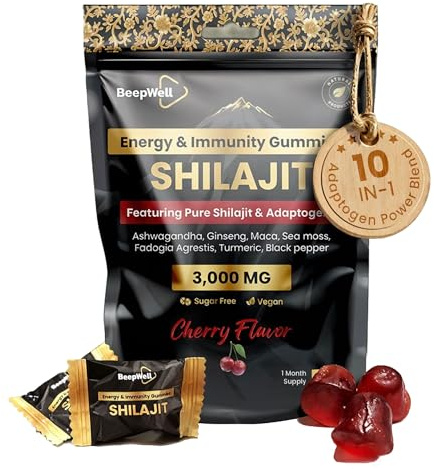 BeepWell Shilajit Gummies 3000 mg – 10-i-1 Himalaya-komplex med Fulvinsyra & 85+ Spårmineraler – med Ashwagandha – Veganska Gummies med Körsbärssmak – Kosttillskott – 60 st