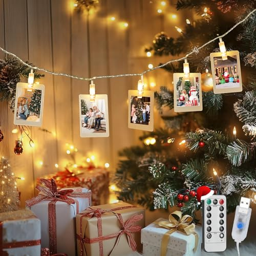 Aigostar 2M 10LED-klämmor med ljusslinga och 10 fotoklämmor, ljusslinga med fjärrkontroll, fotoklämmor, dekorativ girlang för jul, rum, bröllop (varmvit)