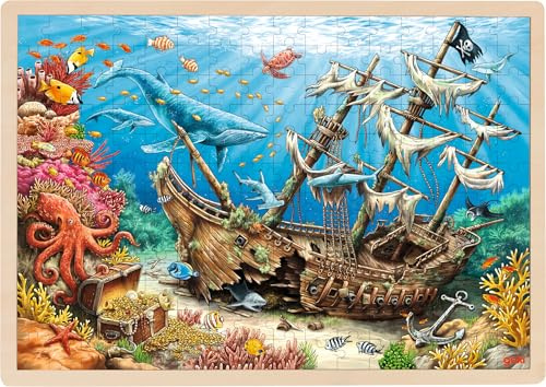 goki 57319 - Einlegepuzzle versunkenes Schiff Santa Elena, spannendes Motiv der Unterwasserwelt inkl. Meerestieren, fördert Fantasie und Motorik der Kinder, 46cm x 33cm, 194er Set, ab 4 Jahre