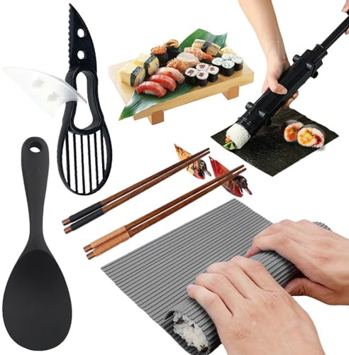 LURNODY 8 Pièces Machine à Fabriquer des Sushis,Kit Sushi Maki Complet,Kit à Sushi Bazooka pour Débutants,Avec Tapis à Sushi,Bazooka,Couteau,Repose-Baguettes,Baguettes Cuillère à Riz