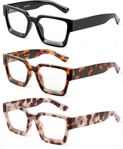 JM 3 Pack Occhiali da Lettura Quadrati, Lettore di Computer con Blocco Della Luce Blu per Donna Uomo +0.0 Nero/Tartaruga/Tartaruga grigia
