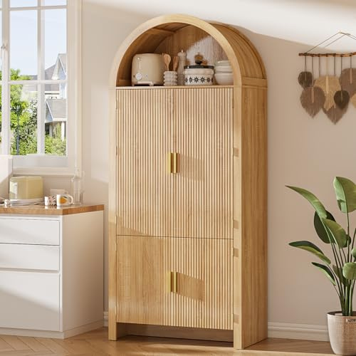 OFIKA 71 Arched Kitchen Pantry Cabinet, Fluted Wood Storage with 3 Adjustable Shelves & 6 Door Shelves, Modern Organizer for Kitchen, Bathroom, Natural Wood Finish (Wood)