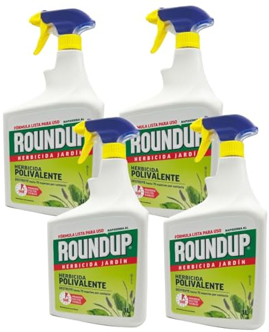 ROUNDUP Herbicida para Todo Tipo de Hierbas |1 Litro Listo para Usar con Aplicador de Pistola Integrado | Efecto Visible en 1 Hora | Elimina Más de 70 Especies de Malas Hierbas y Musgo | 4 Unidades