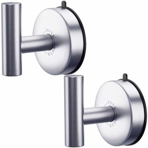DGYB Large Suction Cup Hooks - Set of 2 Brushed Nickel Towel Hooks for Bathrooms - Stainless Steel Suction Shower Hooks - 15 Lb Removable Wall Hooks for Hanging Heavy Duty