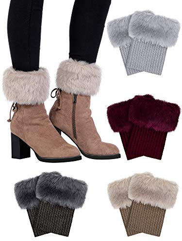 Boyiee 4 Pairs Women Faux Fur Boot Cuff Short Furry Leg Warmers Girls Winter Socks Knitted Boot Socks, 4 Colors (Wine Red, Dark Grey, Light Grey and Khaki)