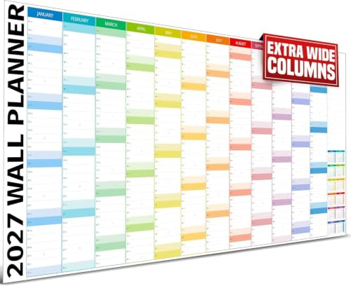2027 Wall Planner Extra Wide Columns Year Planner with Notes Panel, 91x38cm | Panoramic Yearly Wall Planner 2027 UK Printed, 150 GSM Matt Silk, 12 Colour-Coded Month Columns, Notes List, Mini Year Grid