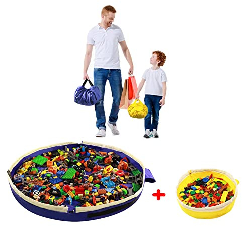 Toy Storage Mat Bag by Drawstring for Lego - Play Mat Bag Toy Storage Container for Kids with Cap can as Gift (2Pcs = Big Blue + Mini Yellow)