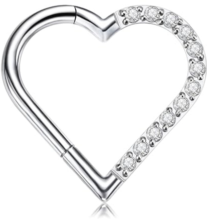 FINE4U Heart Daith Piercing Jewelry 16G 10mm Left Ear,ASTM F136 Titanium Clicker Daith Earrings for Women, Cartilage Earring for Gift Idea, 16G(1.2mm), Titanium Cubic Zirconia, cubic zirconia