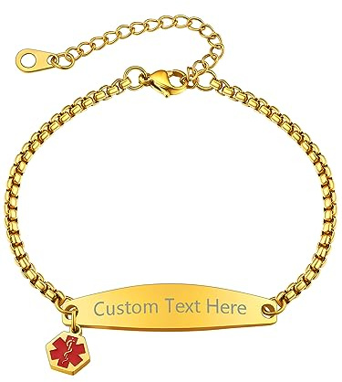 Supcare Gold Bracelets for Women, Personalised Emergency ID Medical Alert Pendant Bracelet Stainless Steel, Nickel Free Strong Link Chain Bracelets for Children Partners