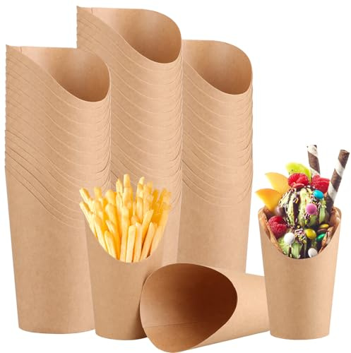 SHUESS 100 Pack 12oz Kraft French Fries Holder - Disposable Brown Fries Holder - Chip Cones for Crisps - Charcuterie Cups for Popcorn, Fruits, Crisps, Waffle and Ice Cream