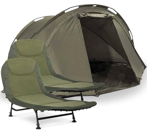 Dellonda Fishing Bivvy Carp Tent Lightweight 2-Man Waterproof & UV Protection Quick Assembly Pre-Threaded Poles with Fishing Bedchair Fleece Mattress x 2 - DL142