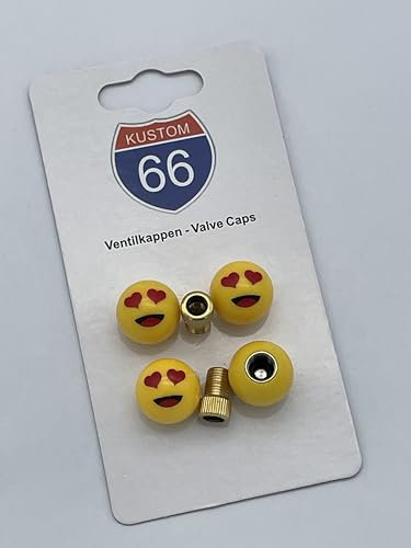 4er Set Ventilkappen + 2 Fahrradadapter - Smiley Verliebt mit Herzaugen - für jedes Auto, Motorrad und Fahrrad geeignet