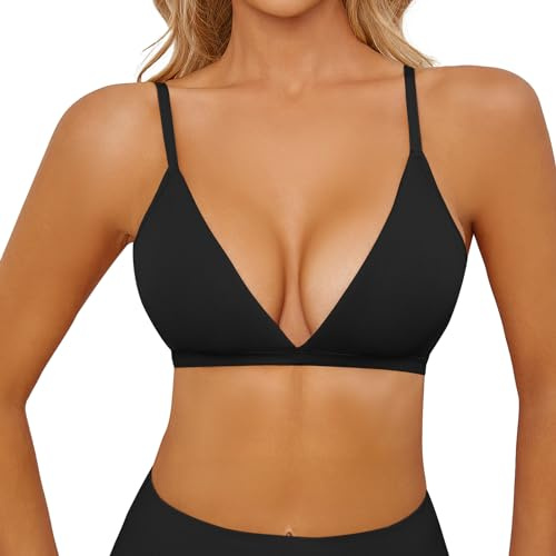 INIBUD Bralette for Women Triangle Cups Adjustable Straps Wireless Bra Deep V Neck Removable Padded Seamless(Black,M)