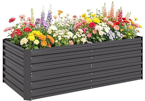 Outsunny Raised Beds for Garden, Galvanised Steel Outdoor Planters with Multi-reinforced Rods for Vegetables, Plants, Flowers and Herbs, 180 x 90 x 59 cm, Dark Grey