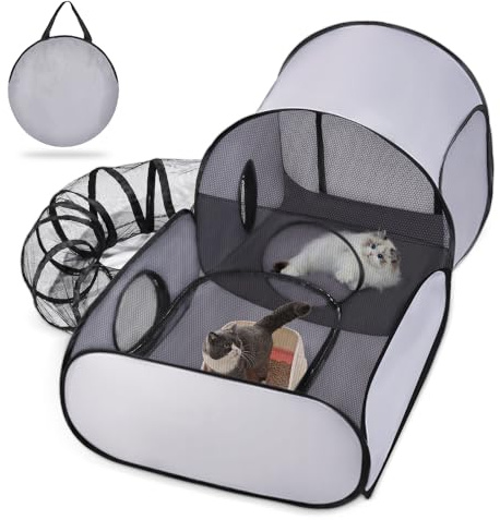 Tailtastic Pet Playpen with Surround Tunnel, Outdoor/Indoor Cat Playpen with Breathable Soft Sides，Tailtastic Cat Enclosure Tent for Small Animals, Portable Tent with Carry Bag (Medium)