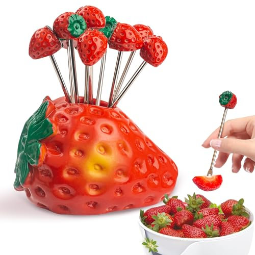 Set di 10 forchette da frutta in acciaio inox per fragole e 1 supporto per fragole, forchette da frutta, forchette da dessert, insalata e stuzzicadenti