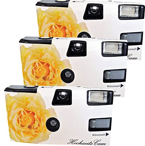 PHOTO PORST Lot de 3 appareils photo jetables 1A Édition rose de mariage jaune avec flash, piles et film (lot de 3, 27 prises chacune)