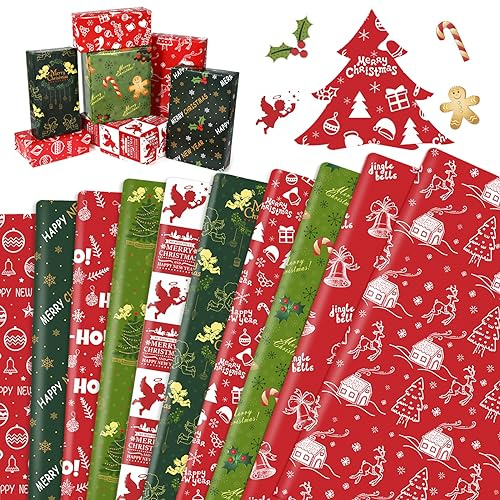 HOWAF Carta Regalo Natale, 10 Fogli Carta Regalo Natalizia Vintage Carta Regalo Natale Bambini, Carta da Regalo Natalizia Rosso Bianca Verde Oro Carta Natalizia per Pacchi, 70 cm x 50cm