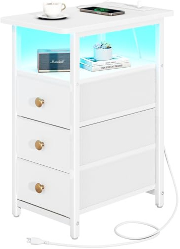 Yoobure End Table with Charging Station, LED Narrow Side Table Bedside Table, Small Night Stand End Tables Living Room, Skinny Nightstand with 3 Fabric Drawers, Side Tables Bedroom for Small Spaces
