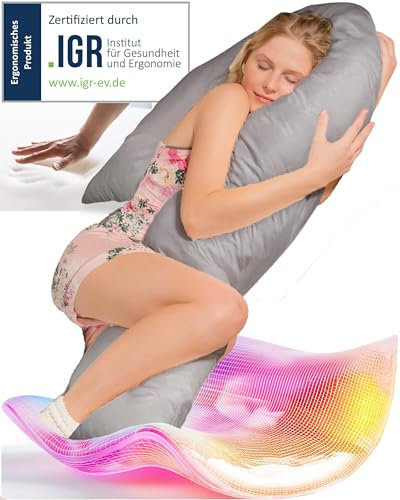 Traumreiter Seitenschläferkissen Visco Comfort J M mit Bezug Grau, Hybrid Kissen + 1cm Memory Foam, J Form Schwangerschaftskissen Gel Body Pillow Komfortkissen Erwachsene, Ergonomie Zertifiziert