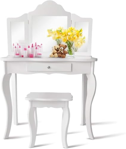 FANTASK Coiffeuse 2 en 1 pour Enfant, en Bois, avec Miroir Amovible à 3 Compartiments et tiroir, Table de Princesse avec Tabouret en Blanc, Table cosmétique pour Fille 70 x 34 x 103 cm