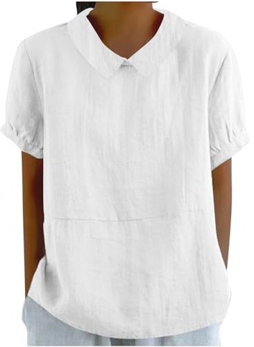 BFSWL Blouse Femme Coton et Lin Chemisier Été Col Claudine Tunique Décontracté Manches Courtes T-Shirt Simple Couleur Unie Chemise Léger et Ample Hauts