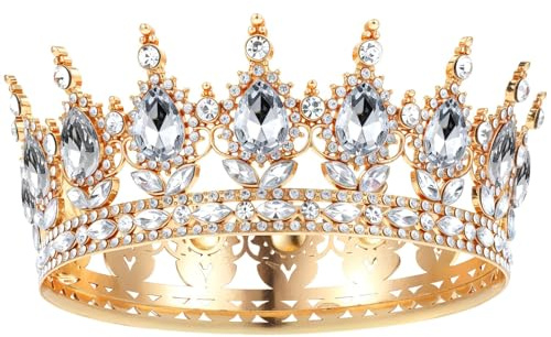 Grevosea - Corona de oro para mujer, corona de reina con diamantes de imitación para boda, coronas y tiaras de cristal para novia, accesorios para el cabello para fiesta de princesa, cumpleaños
