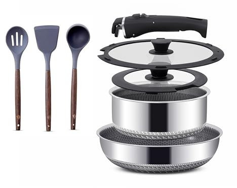 Ensemble Poêles & Casseroles Inox – Poêle 28 cm + Casserole 20 cm avec Couvercles, Manche Amovible, Design Empilable Gain de Place, Compatible Tous Feux Dont Induction, Set Cuisine Premium
