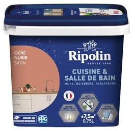 RIPOLIN - Peinture Intérieure Cuisine et Bain – Murs, Boiseries & Radiateurs - Adapté Pièces Humides - Effet Perlant - Lessivable - Haute Résistance - Ocre Nubie - Satin - 0L75
