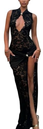 Sukiglam Lång klänning dam sexiga genomskinliga spetsklänningar elegant ärmlös maxiklänning med hög öppen design smal passform festklänningar cocktail gala bröllop