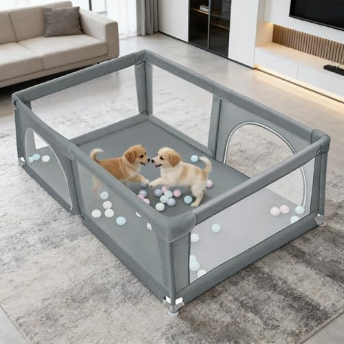 Parc pour Chiens et Chiots avec Porte et Ventouses en TPR, Enclos Intérieur en Tissu Oxford et Filet Nylon, pour Petits et Moyens Animaux (Gris foncé, 180x120 cm)