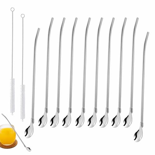10 Piezas cucharas de paja de Acero Inoxidable con 2 cepillos de limpieza
