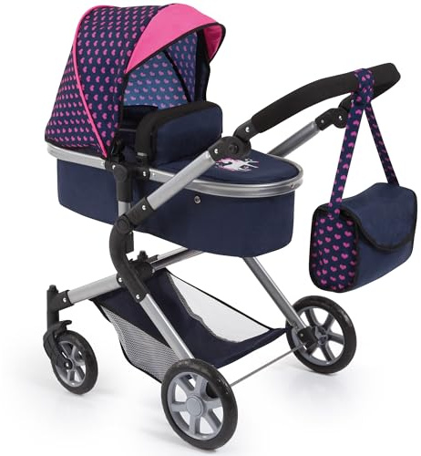 Bayer Design 18154AA cochecito para muñecas City Neo, carrito de muñeca, convertible en sillita paseo muñeco, altura regulable, plegable, con bolsa