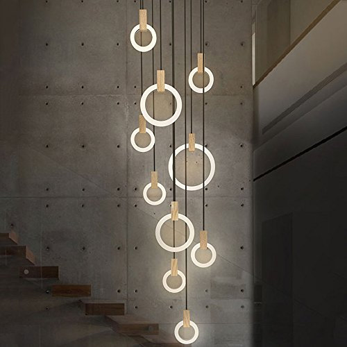 ZMH LED Pendelleuchte Kronleuchter esstisch Hängeleuchte 55W 7-Led Ring Pendellampe Hängelampe Treppenleuchte aus Holz und Acryl Höheverstellbar für Wohzimmer, moderne drehtreppe, Schlafzimmer