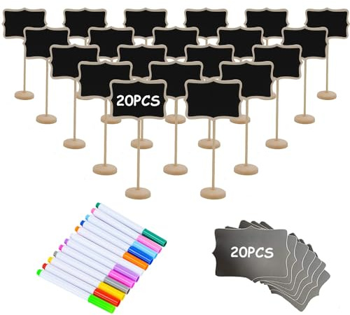 20PCS Wood Mini Chalkboard Sign and Replacement Stickers, Food Labels for Party Buffet,Blackboard for Message Board Signs,Weddings Place Cards, Birthday Party