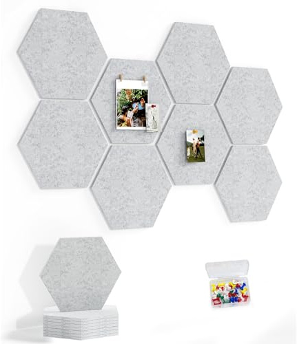 Uoisaiko 12 Grande Tablón de Anuncios Hexagonal, Paquete de 8 Tableros de Fieltro con 30 Chinchetas, Decoración de Corcho Pared Autoadhesivo para Oficina Casa