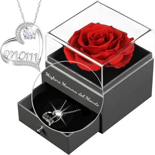 Yamonic Rosa Eterna Regalo Mamma, Rosa Stabilizzata Vera con Collana Argento 925,Migliore Mamma del Mondo,Fiori Eterna Confezione Regalo Natale Donna Compleanno San Valentino