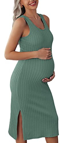 Ekouaer Women's Maternity Dress Rib Knit Sleeveless Baby Shower Dresses Casual Bodycon Pregnancy Clothes A Mint Green Large