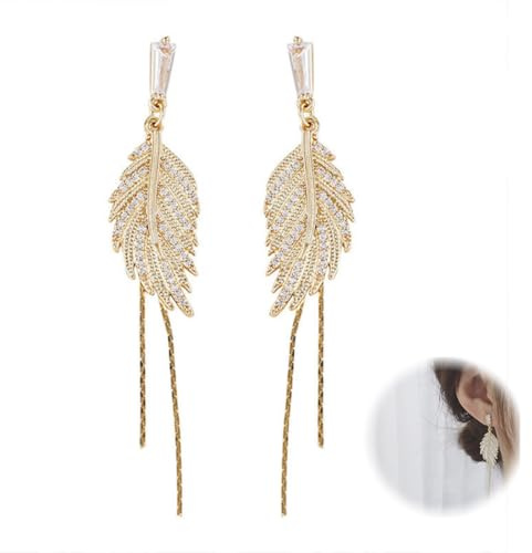 MEXRUMI 1 Paia Orecchini A Foglia Di Diamanti Orecchini Lunghi Con Nappe In Cristallo Di Strass Orecchini Pendenti Da Sposa Da Donna Gioielli Da Sposa (Oro)