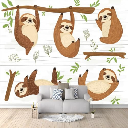 Papel pintado 250 x 175 cm Mural de pared de arte premium no tejido Perezoso En Una Rama decoración de dormitorio impreso diseño moderno, Blanco Revestimiento de paredes