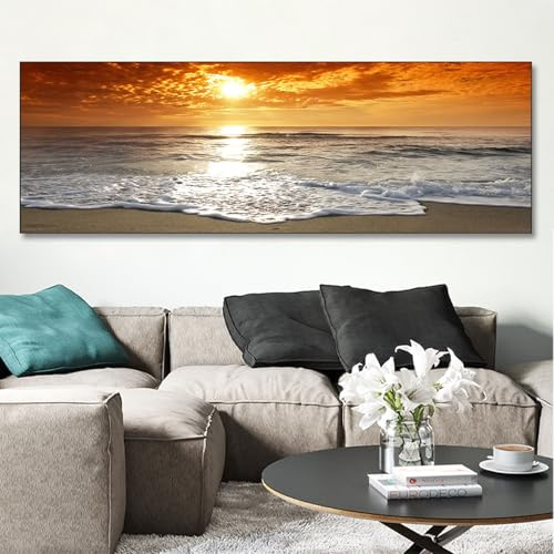 Cuadros en lienzo, imágenes panorámicas modernas de montaña, paisaje natural, grande, XXL, dormitorio, salón, decoración de pared, pared, puesta de sol, mar, playa, sin marco (A, 60x180cm, Sin marco)