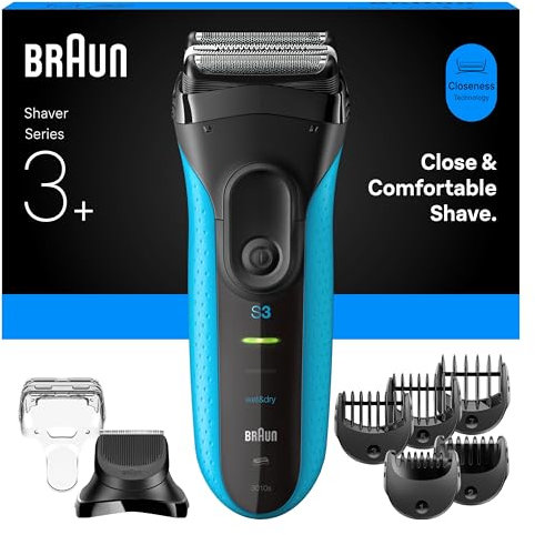 Braun Series 3+ Elektrorasierer Herren, Rasierapparat mit 3 Flexiblen Klingen, Effizienter MicroComb Mitteltrimmer, Barttrimmer-Aufsatz, +5 Kammaufsätze, Nass- und Trockenrasierer, 3010BT, Blau