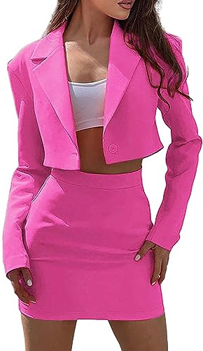 Tuta da donna elegante per matrimonio, 2 pezzi, blazer corto, con colletto a risvolto + gonna a vita alta, per ufficio, business, tinta unita, per il tempo libero, set di tute Slimfit Streetwear, Rosa