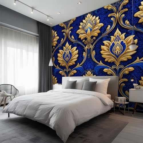 Papel Pintado Barroco Retro, Papel Pintado Pared Azul Marino Oro Lujo de Decorativos del Hogar, para Salon Dormitorio Decoracion Pared, 450x315cm D&Q11