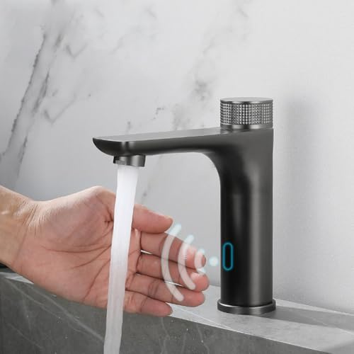 Rubinetto con sensore a infrarossi touchless, in acciaio inox, automatico, con miscelatore per acqua calda/fredda e controllo della temperatura, volantino antiscivolo, accessori da bagno (nero)