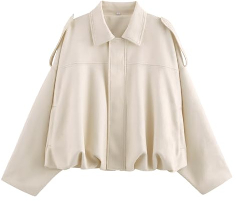Xunger Women's Faux Suede Bomber Jacket Spring Lapel Pilot Coat Casual Oversized Long Sleeves Trendy Streetwear Outerwear(1026-01BeigePocket-M-RD)
