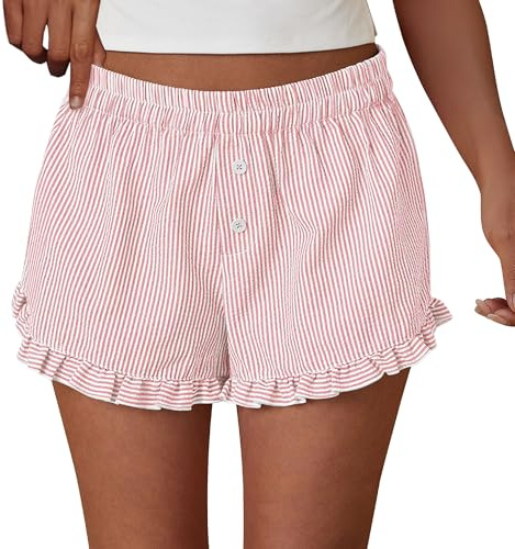 PRETTYGARDEN Womens Boxer Shorts Y2K Ruffle Pajama 2026 Summer Spring Lounge Sleep Striped Casual Beach Pj Bottoms Pockets (Stripe Light Pink,X-Large)