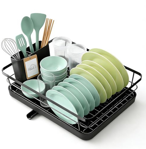 Ribech Scolapiatti da Appoggio - Scolapiatti da Lavello Salvaspazio, Scola Piatti per Bancone Cucina, Organizer da Cucina in Acciaio Inox con Portaposate, 29x38x13 cm, Nero