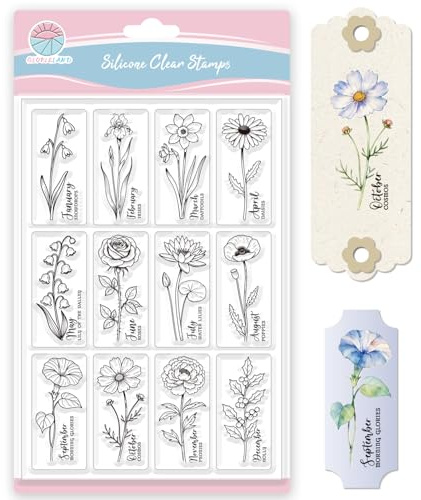 GLOBLELAND Flowers Bookmarks Clear Stamp for Scrapbooking Months Floral Silicone Stamps Daisies Peonies Transparent Stamp for Card Making DIY Embossing Journaling