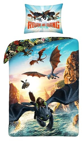 Halantex Dragon Trainer Bedding Set, Toothless Hiccups and Birch Dragons, Duvet Cover 140 x 200 cm, Pillowcase 70 x 90 cm, Microfibre, Multi-Coloured